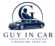 Luxury black limousine service logo with navy &ldquo;G&rdquo; monogram and text &ldquo;GUY IN CAR LIMOUSINE SERVICE&rdquo;