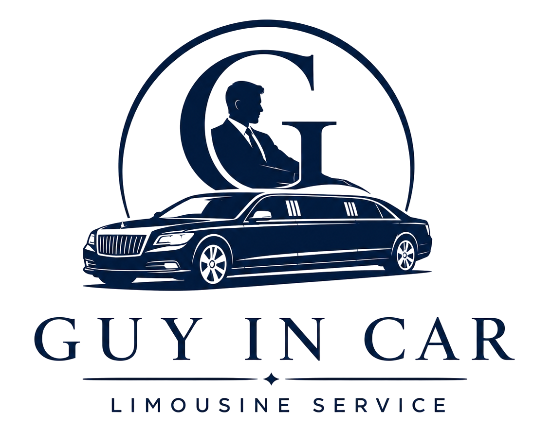 Luxury black limousine service logo with navy “G” monogram and text “GUY IN CAR LIMOUSINE SERVICE”