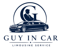 Luxury black limousine service logo with navy &ldquo;G&rdquo; monogram and text &ldquo;GUY IN CAR LIMOUSINE SERVICE&rdquo;