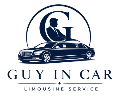 Luxury black limousine service logo with navy &ldquo;G&rdquo; monogram and text &ldquo;GUY IN CAR LIMOUSINE SERVICE&rdquo;