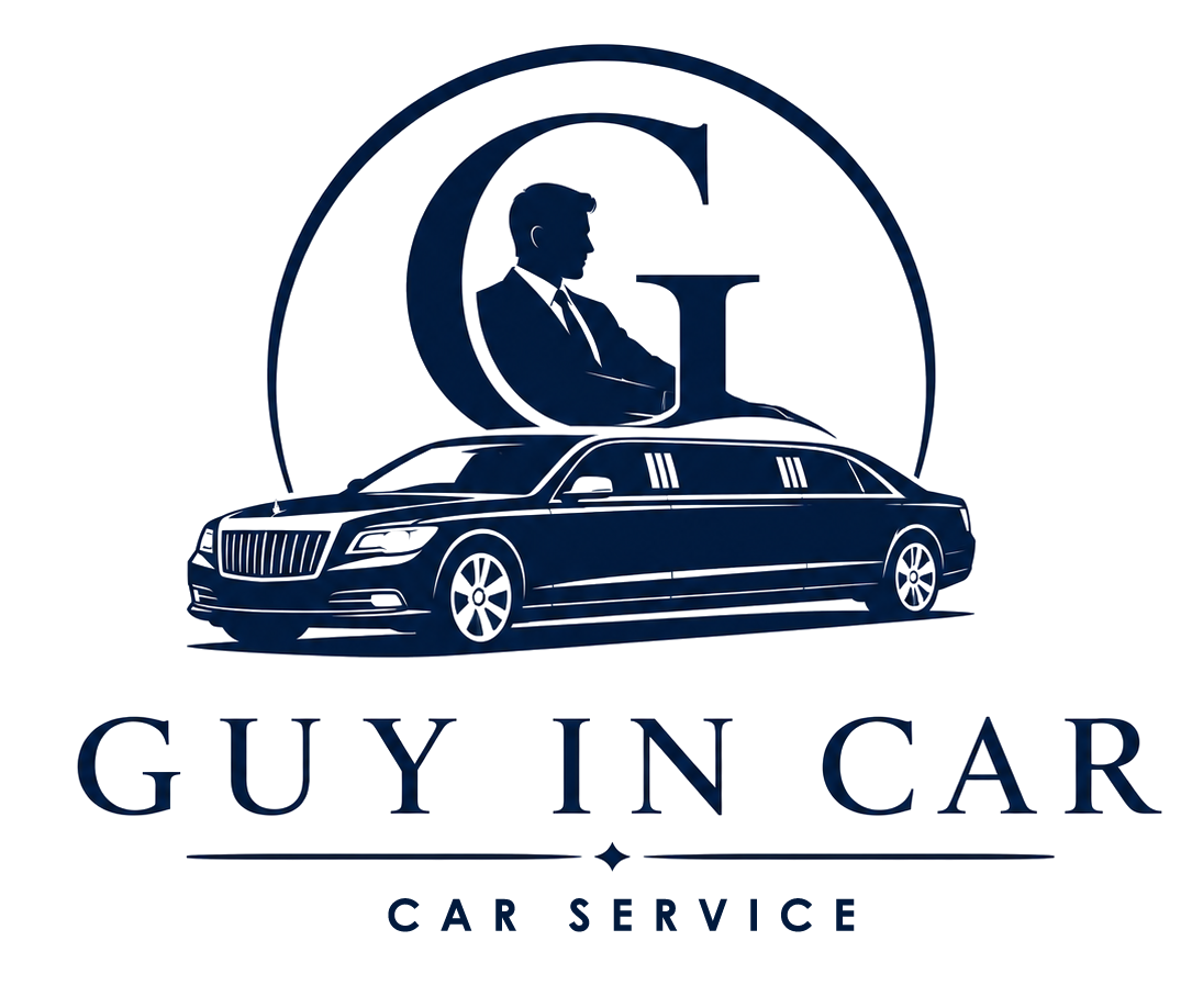 Luxury black limousine service logo with navy “G” monogram and text “GUY IN CAR LIMOUSINE SERVICE”