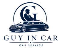 Luxury black limousine service logo with navy &ldquo;G&rdquo; monogram and text &ldquo;GUY IN CAR LIMOUSINE SERVICE&rdquo;