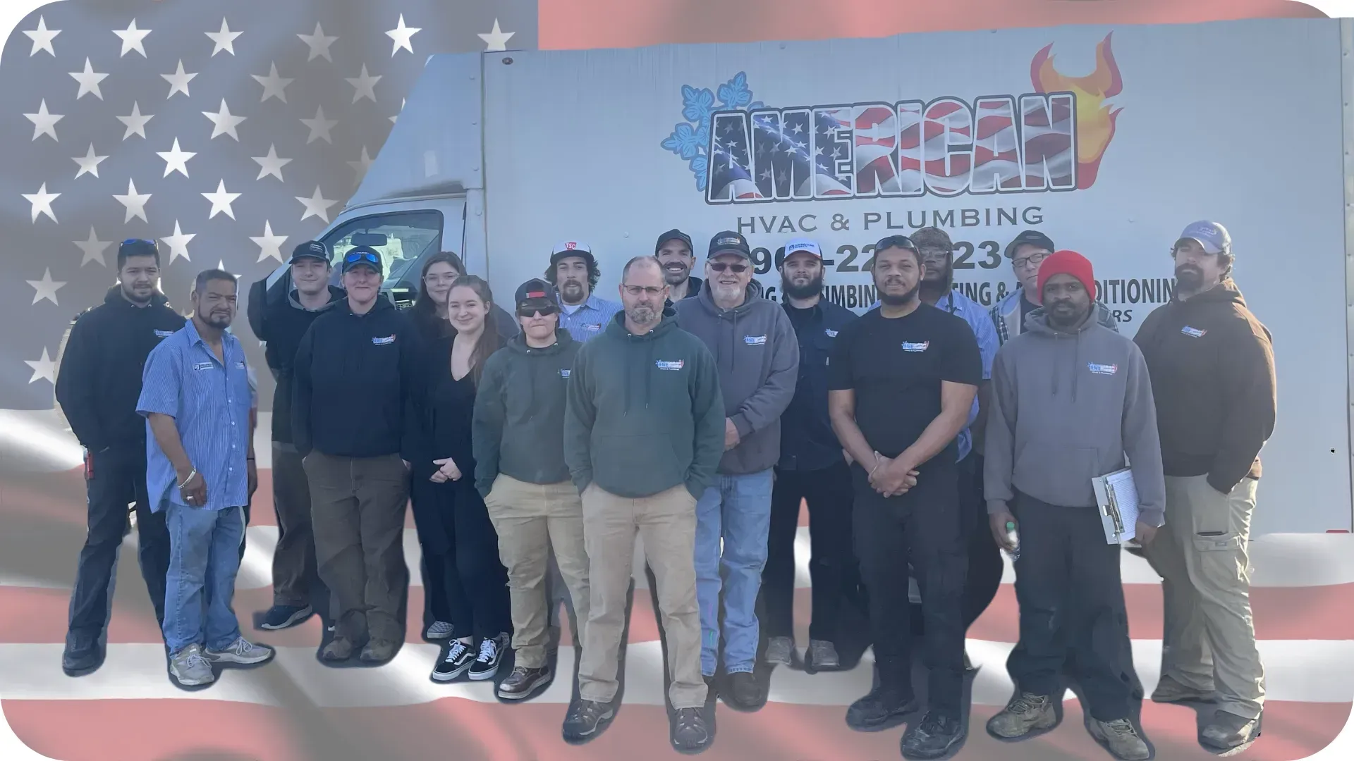 Group of HVAC & plumbing employees in front of their company truck with a superimposed American flag.
