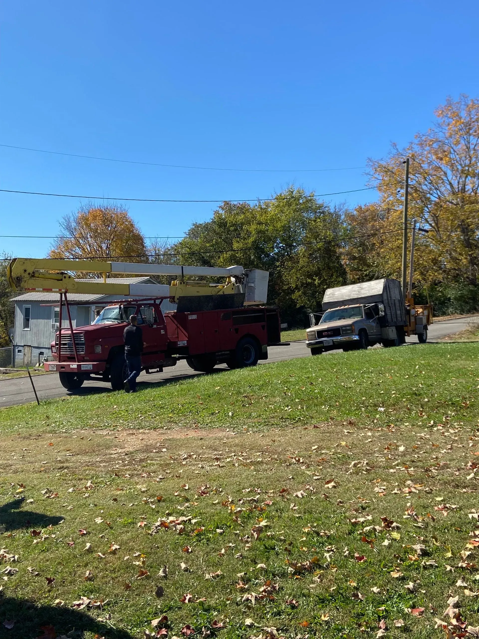 Red fire truck and white utility truck parked on a grassy roadside under a clear blue sky