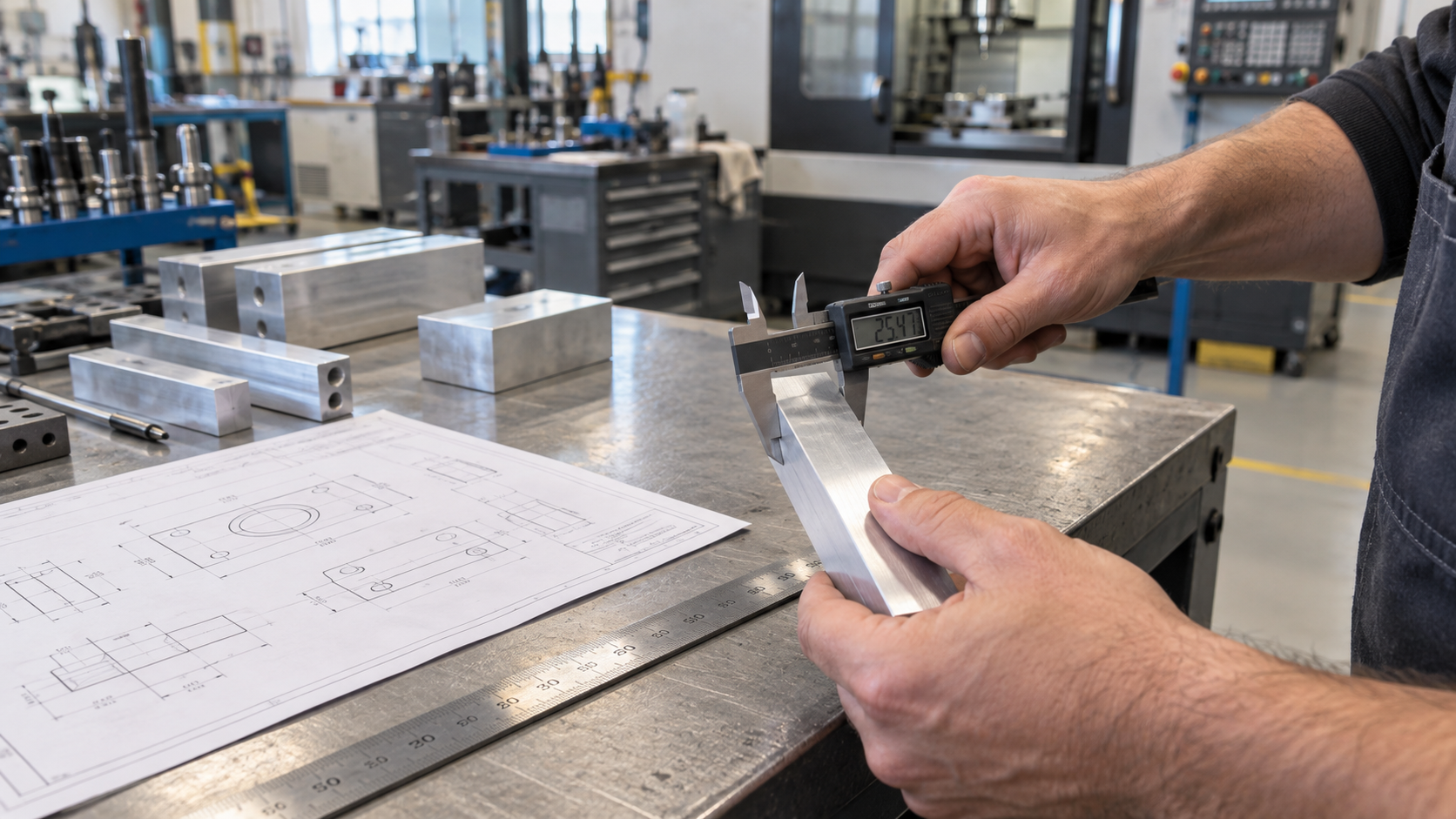 Technician measuring an aluminum bar with digital calipers beside an engineering drawing.