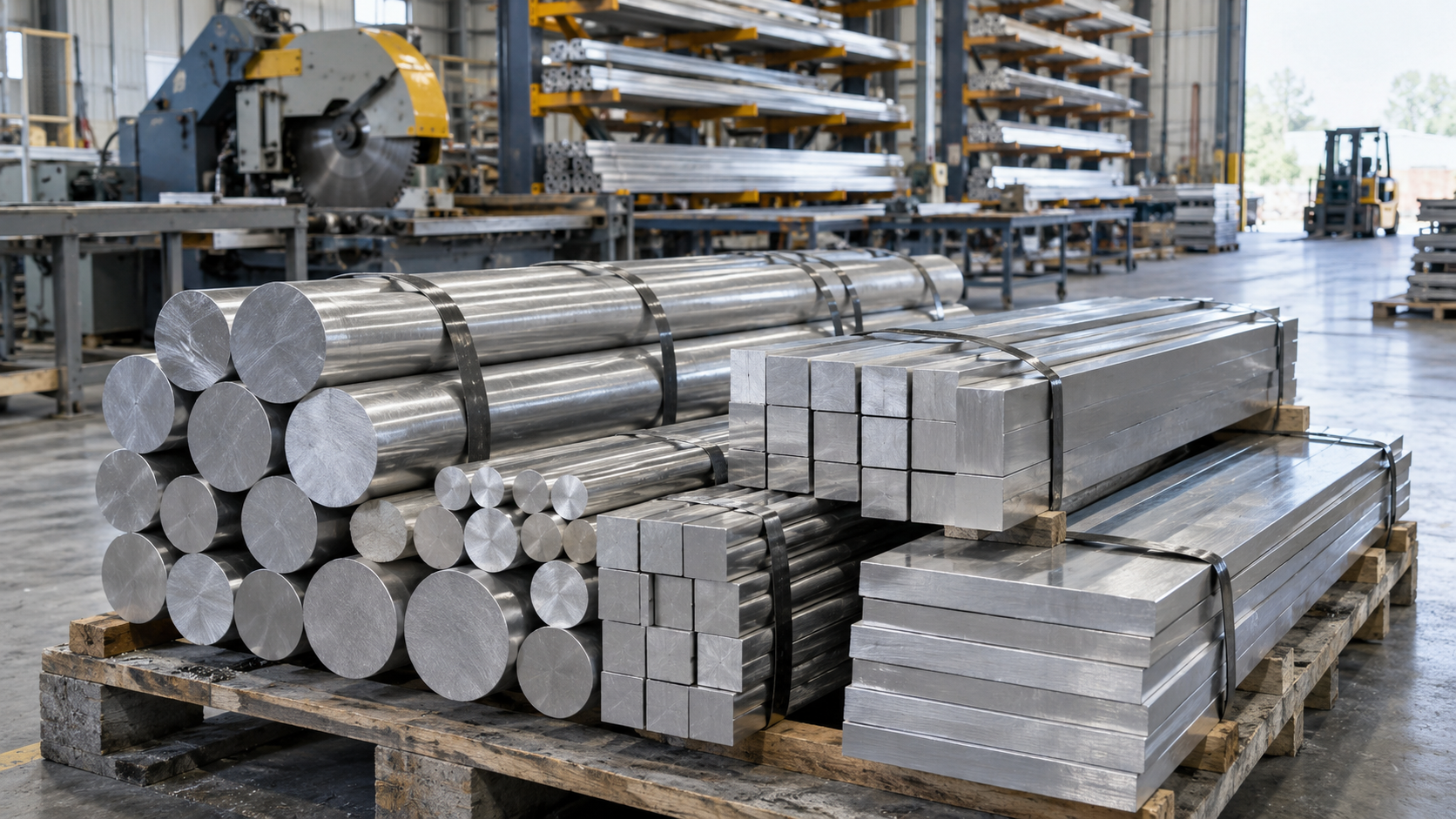 Bundled round, square, and flat aluminum bars prepared for supply in an industrial warehouse.