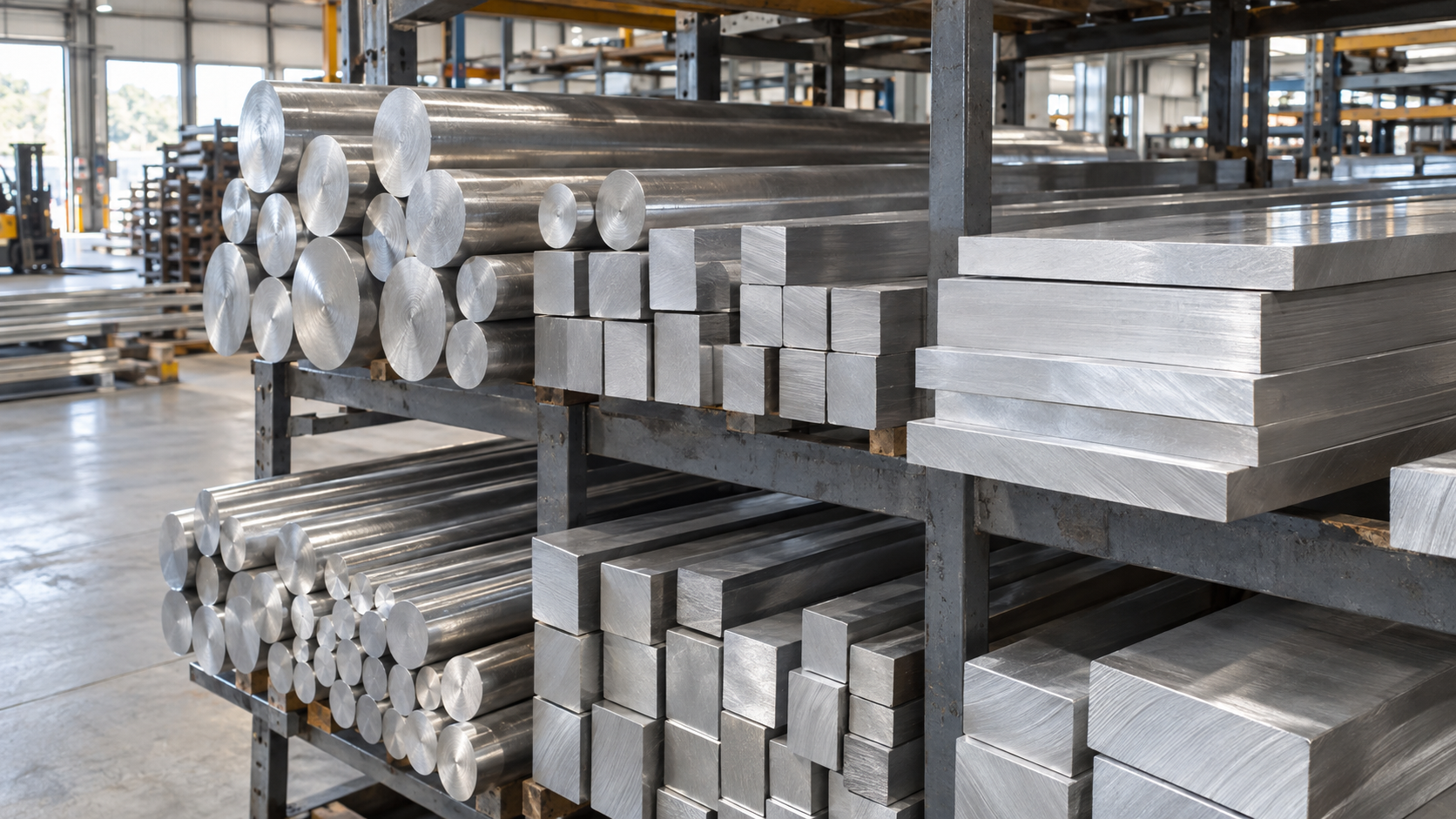 Round, square, and flat aluminum bar stock organized on racks in a metal supply warehouse.