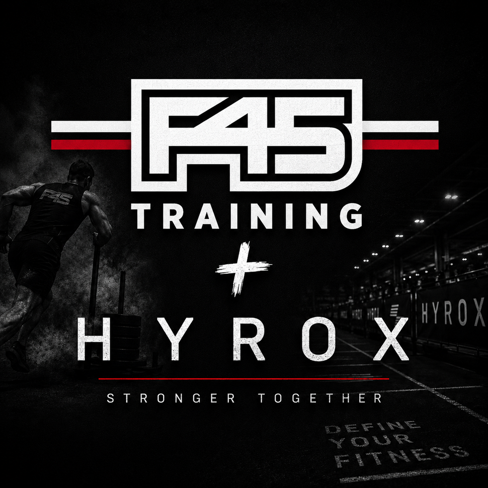 F45 Training and HYROX logo on black background with red and white accents, “Stronger Together” tagline