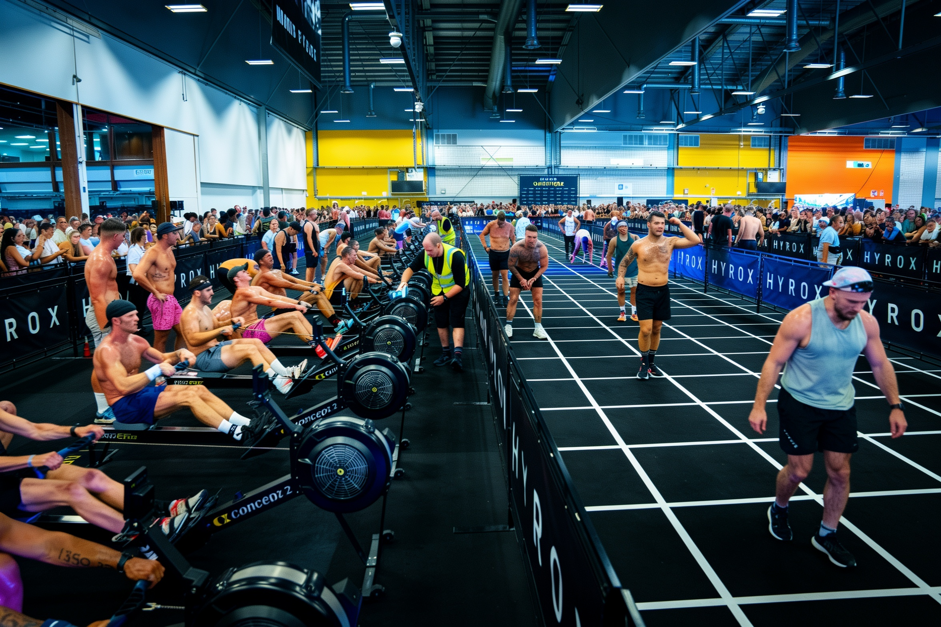 Indoor rowing competition with athletes on machines in a large gymnasium, cheering crowd in the background