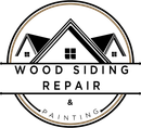 Logo: Wood siding repair service. Three house silhouettes within a circle, text below.
