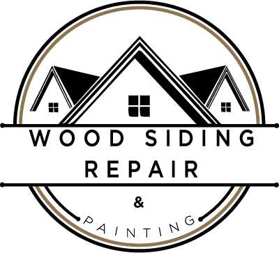 Logo: Wood siding repair service. Three house silhouettes within a circle, text below.