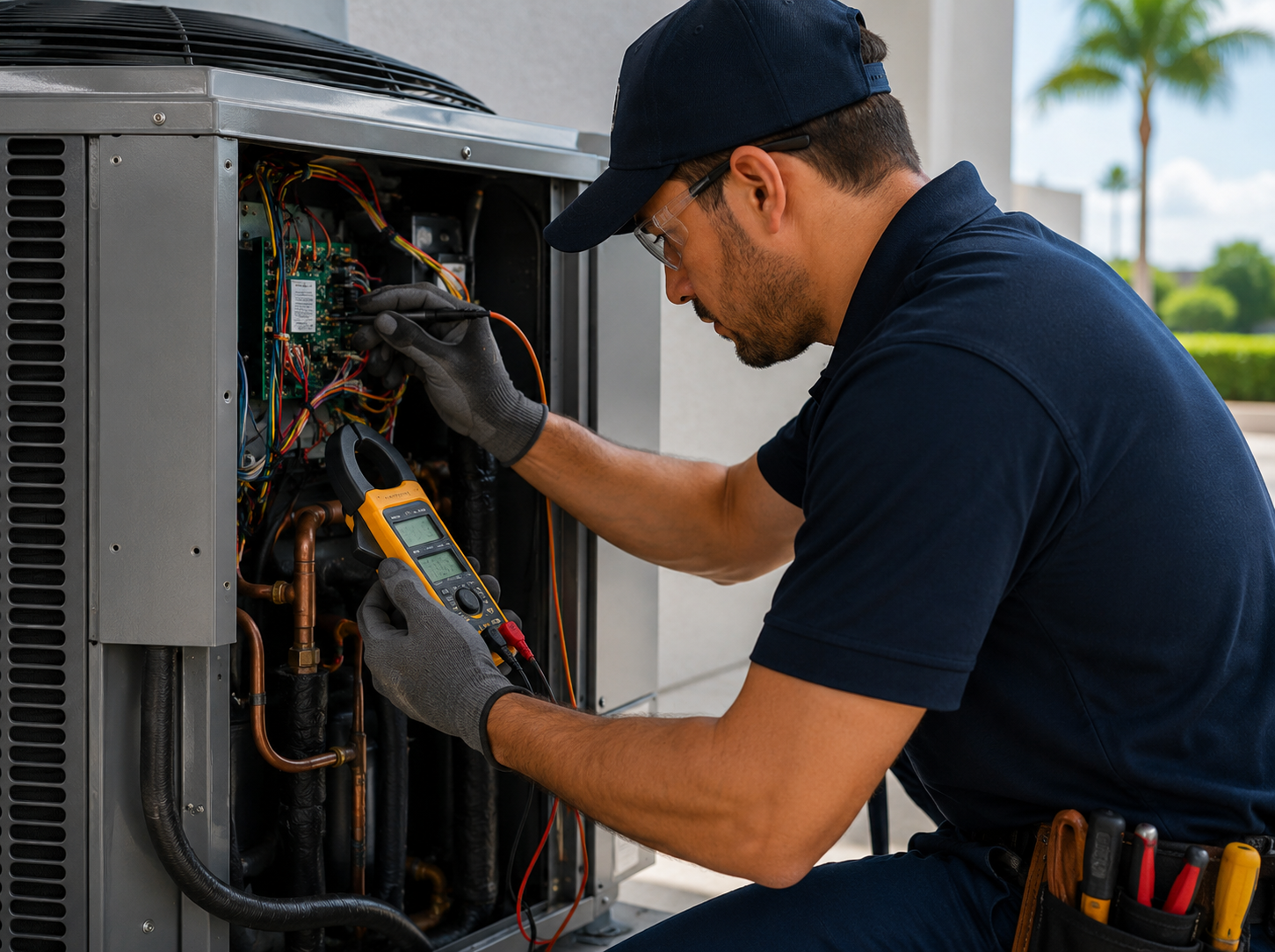 Technician inspecting electrical control panel in a utility room, wearing helmet and gloves