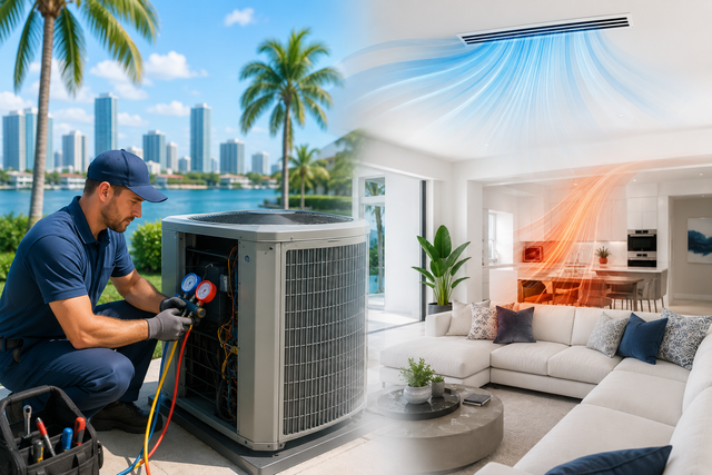 Technician servicing an HVAC unit beside a bright, modern living room and coastal skyline.