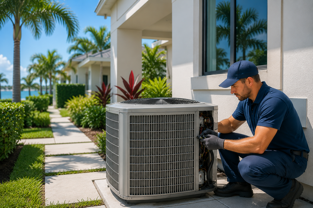 Technician kneeling by an outdoor HVAC unit beside a sunny modern home.