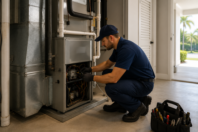 Technician kneels by an open HVAC unit, inspecting wiring in a home garage.