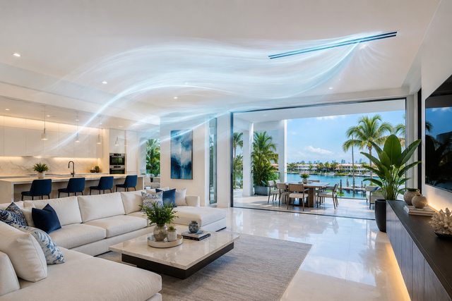 Bright modern living room opening to a tropical patio and ocean view, with white sofas and blue accents