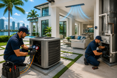 HVAC technicians servicing outdoor AC units at a modern home with a city skyline backdrop
