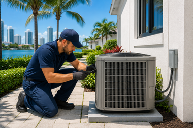 Technician kneeling beside an outdoor AC unit next to a waterfront home, with city skyline and palm trees behind.