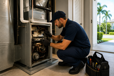 Technician repairing an open HVAC unit indoors, with tools beside him and a sunny outdoor view nearby