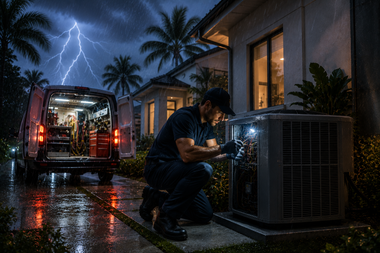 Technician servicing an air conditioner outside a home at night during a thunderstorm; service van nearby.