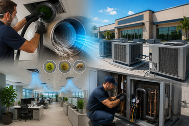 HVAC technicians inspecting air ducts and outdoor AC units in a modern office building