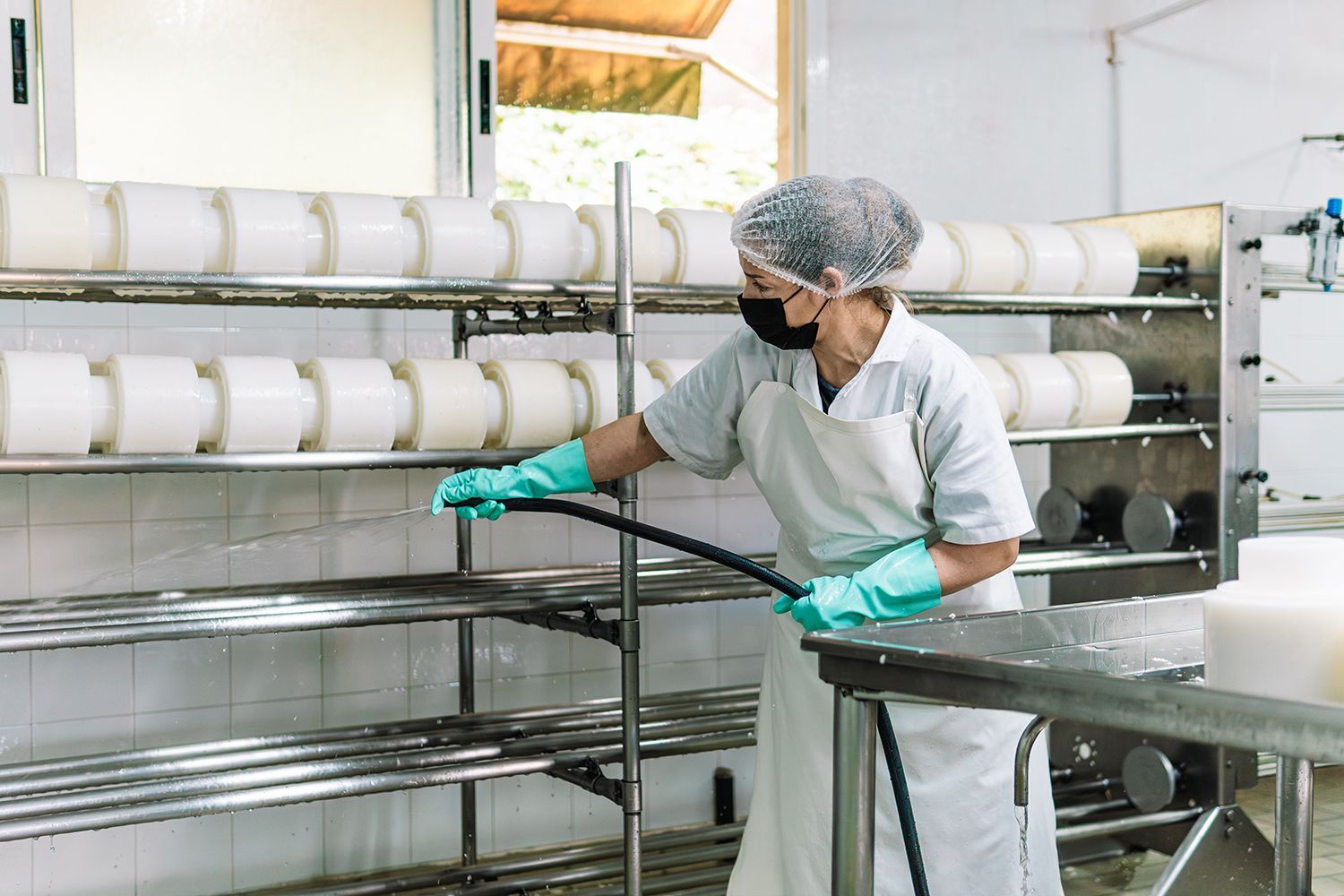 Worker in hairnet and gloves cleaning metal racks in a food processing facility Worker in hairnet and gloves cleaning metal racks in a food processing facility
