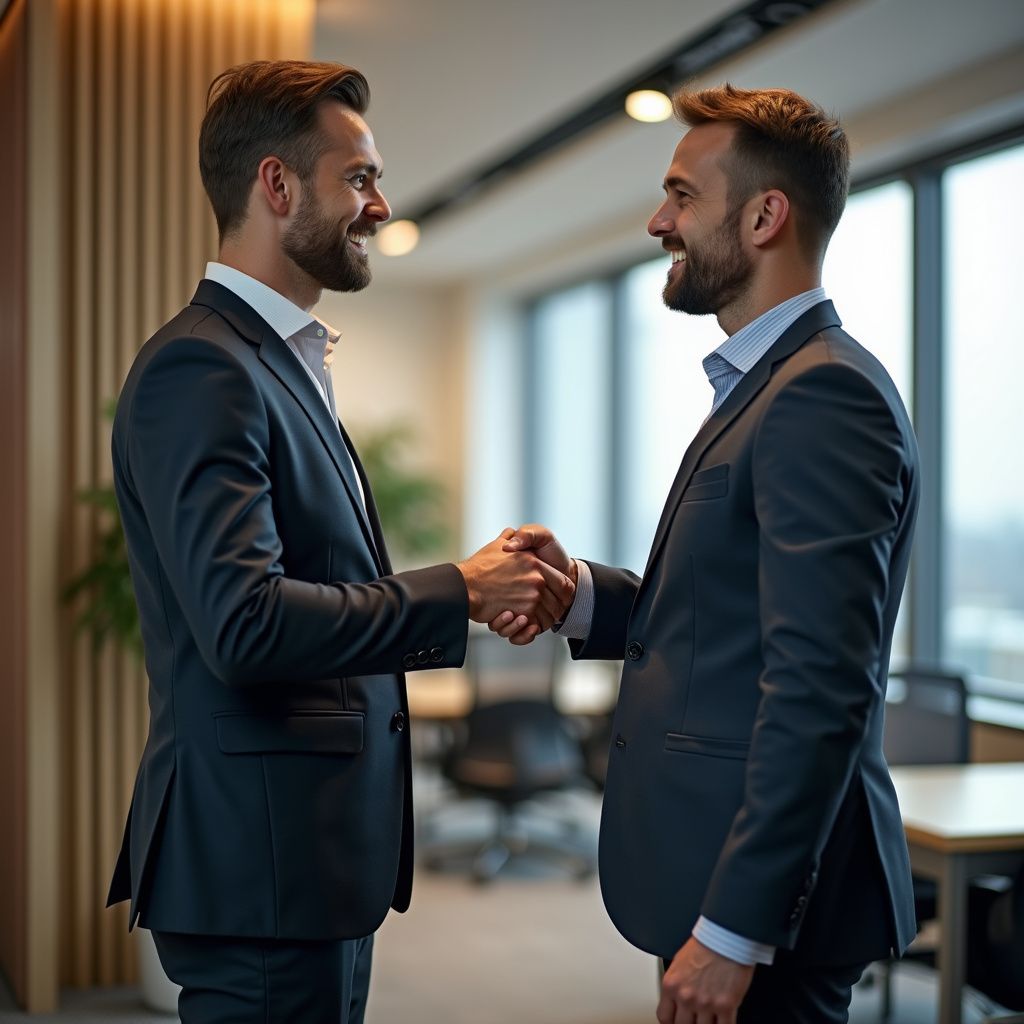 Two men in suits shake hands in an office, smiling.