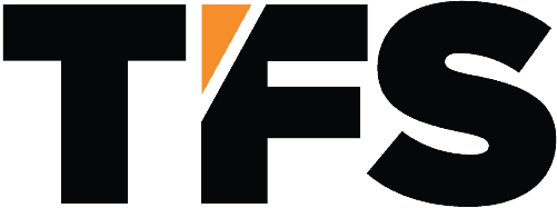Black letters “TFS”, with orange triangle on letter “F”.