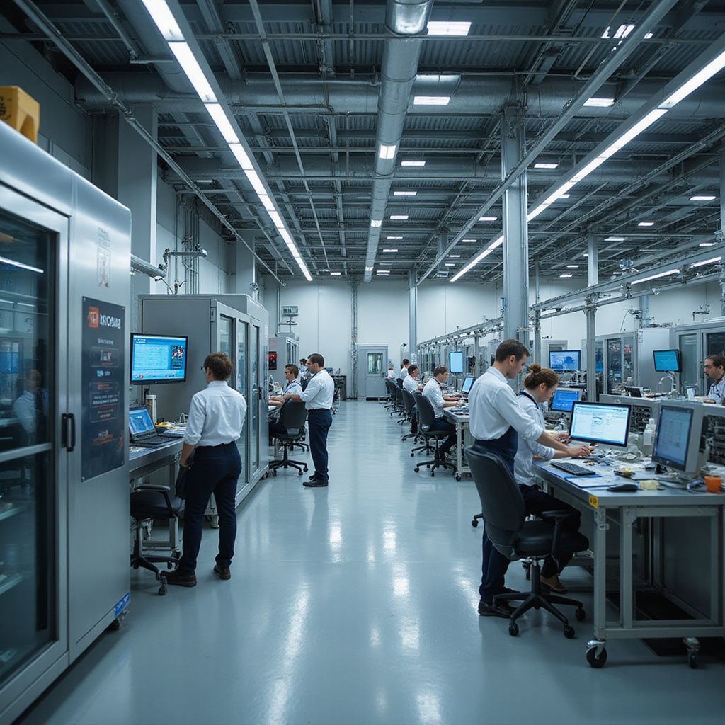 Inside a well-lit industrial facility, workers in white shirts and dark pants work at stations with computers