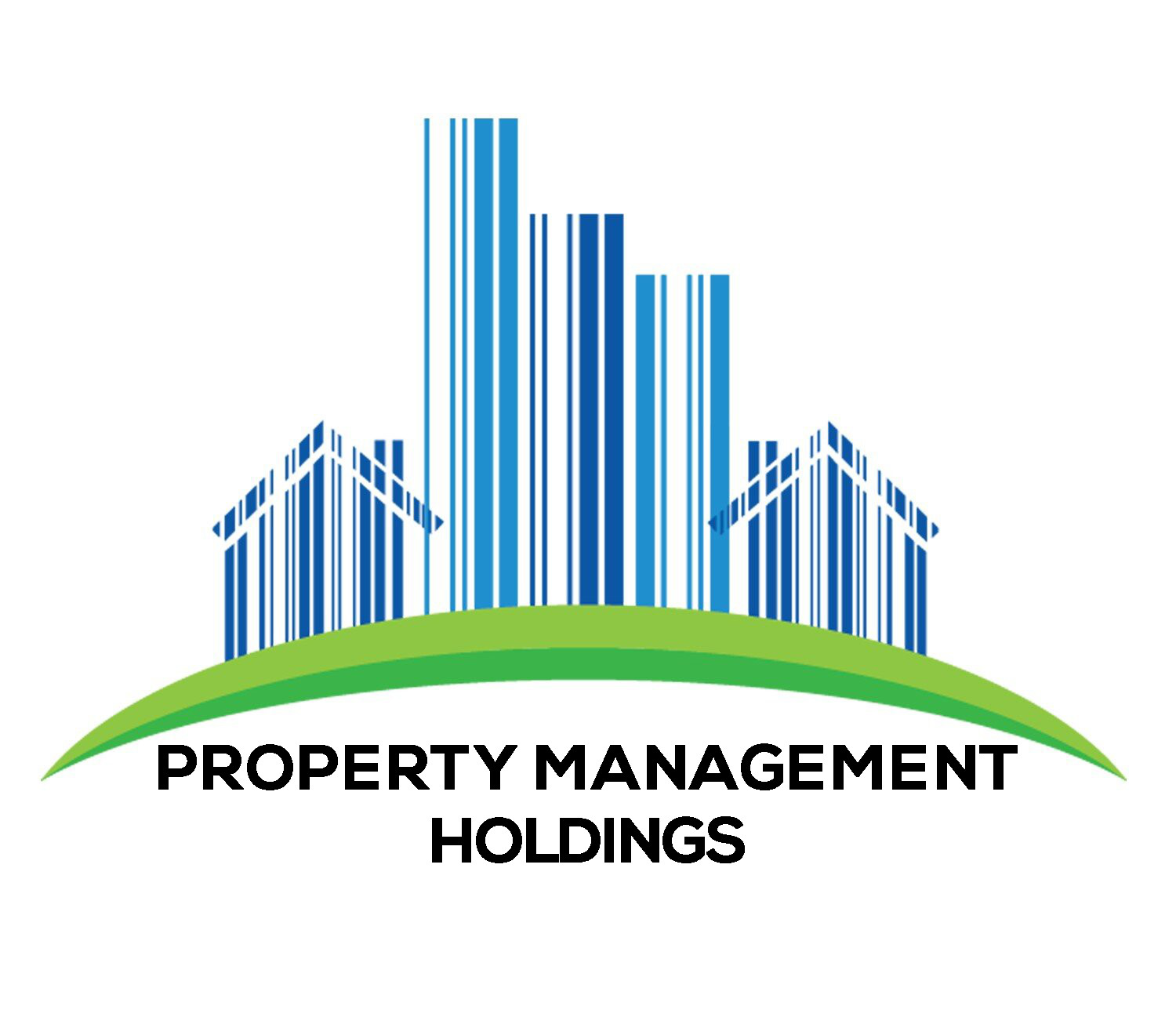 Logo: stylized buildings made of blue bars over a green arch, text 