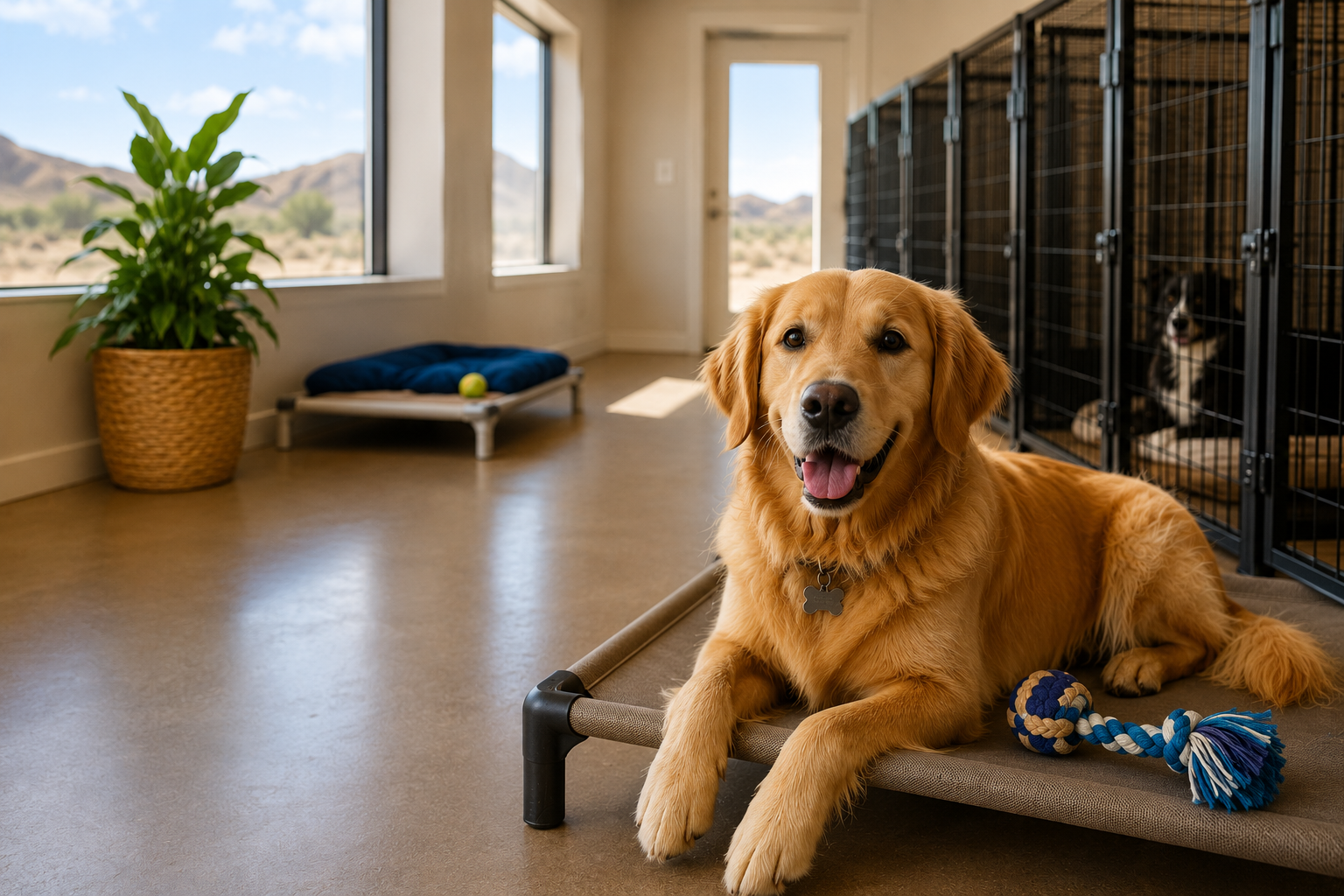 Golden retriever relaxing on a raised bed inside a clean, comfortable dog boarding facility with ind