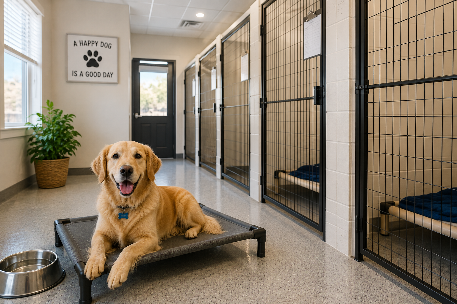 Golden retriever resting in a clean dog boarding kennel hallway with secure indoor boarding spaces and fresh water.