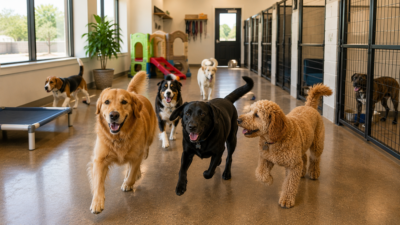Group of dogs playing together in a spacious indoor dog daycare with toys, raised beds, and secure kennels.