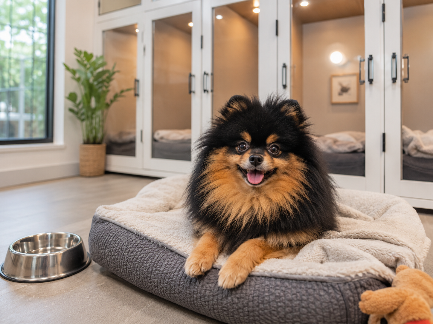 Happy dogs relaxing and playing inside a clean, bright indoor dog daycare facility with secure kenne