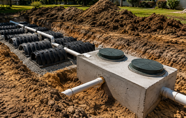 Septic tank and drainage trenches being installed in a muddy yard, with soil piled nearby