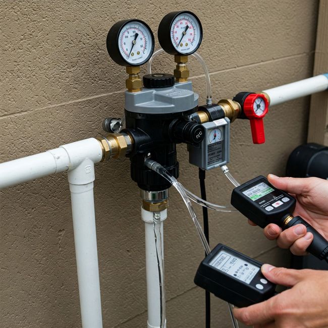 Technician checking water pipes with gauges and a handheld meter on a wall-mounted valve assembly