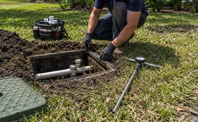 Worker installing irrigation valve in a lawn access box with tools nearby