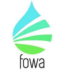 Fowa logo with teal, green, and lime leaf-like swoosh above lowercase wordmark