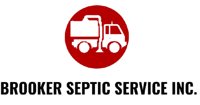 Brooker Septic Service Inc. logo with red septic truck icon and bold black text