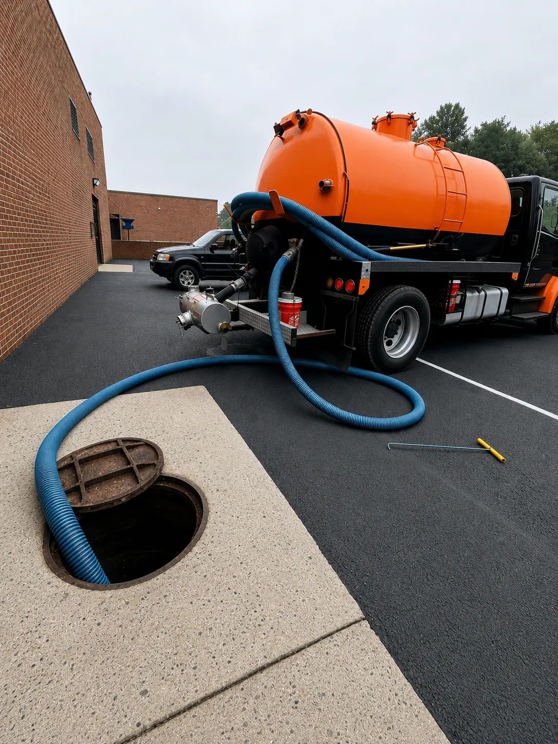 Orange sewer vacuum truck pumping from an open manhole beside a brick building.