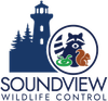 Soundview Wildlife Control logo with lighthouse, trees, and raccoon, snake, and squirrel icons