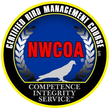 NWCOA Certified Bird Management Course logo with red text, white bird silhouette, and laurel wreath on blue and black