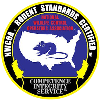 NWCOA Rodent Standards Certified seal with mouse silhouette over U.S. map, blue and yellow badge