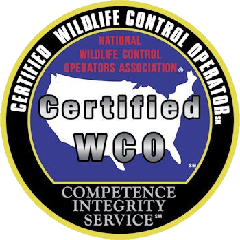 Certified Wildlife Control Operator badge with blue and black circular seal and white center text