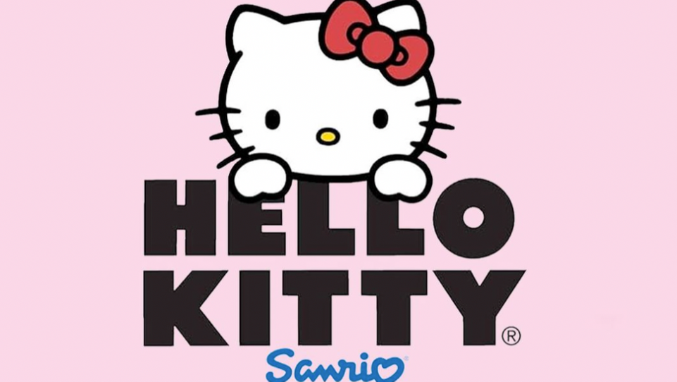 Hello Kitty peeking over bold black “HELLO KITTY” text on a pink background