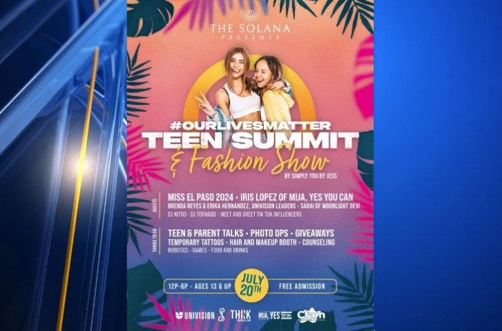 Promotional poster for the Teen Summit Fashion Show with tropical leaves and two models on a blue and pink background