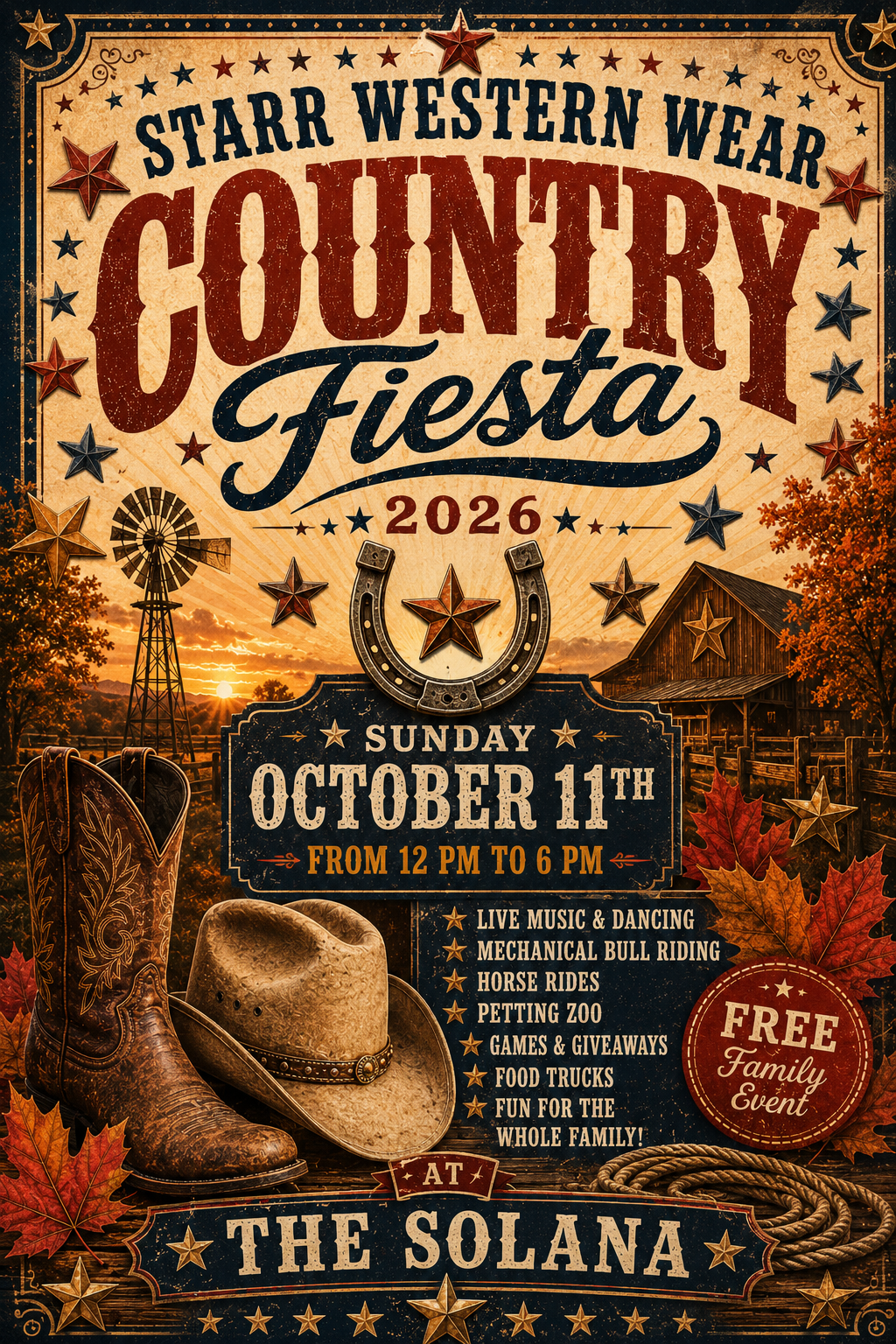 Country Fiesta 2026 poster with cowboy hat, stars, orange autumn design, and event details at The Solana