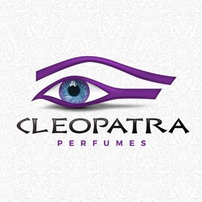 Cleopatra Perfumes logo with a purple eye graphic and black text on a light patterned background