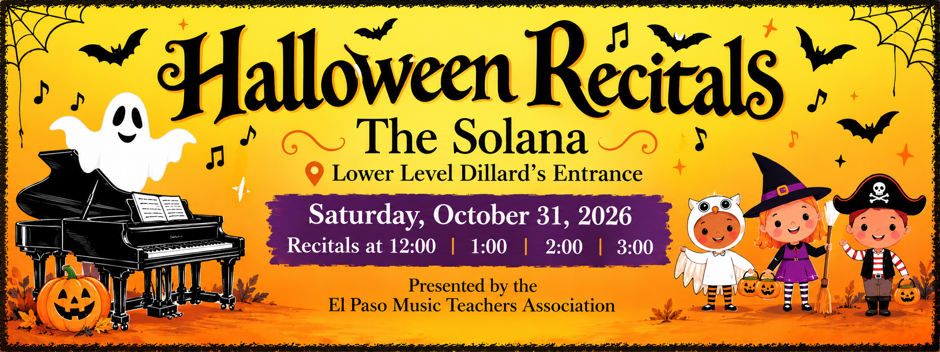 Halloween event flyer with pumpkins, witches, and “The Solana Spooktacular” text, Oct. 31, 3–7 PM