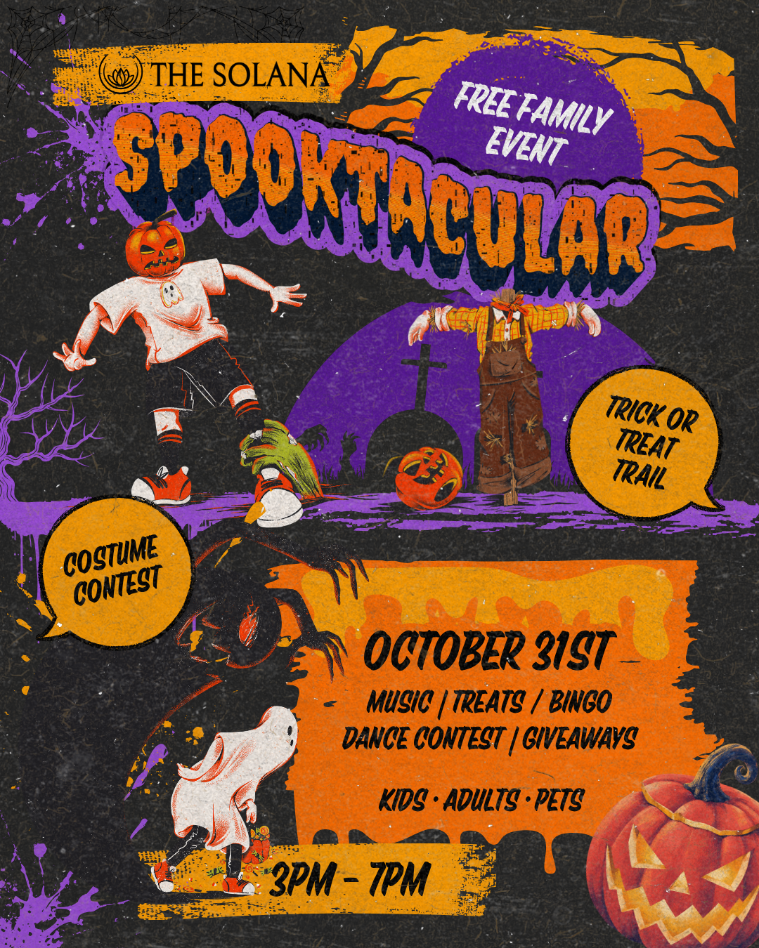 Halloween event flyer with pumpkins, witches, and “The Solana Spooktacular” text, Oct. 31, 3–7 PM